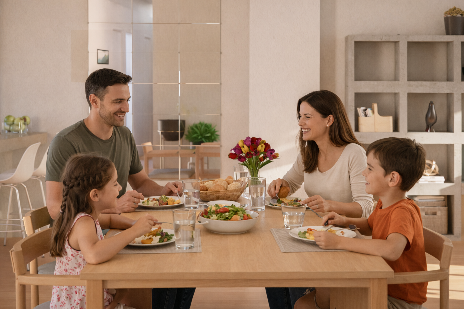 Familia disfrutando del comedor en Edificio Ilustración