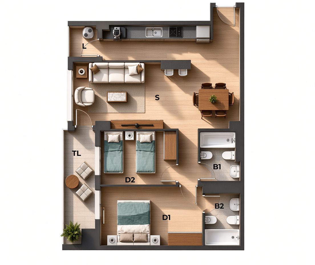 Plano de la tipología D de Edificio Ilustración