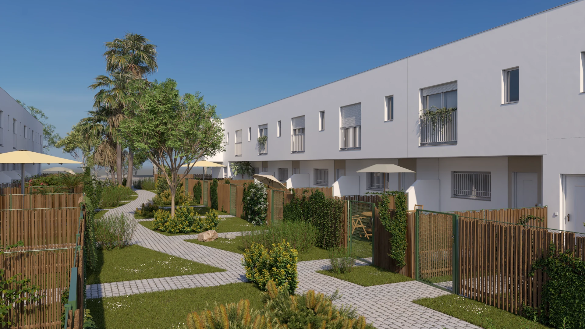 Infografía de las fachadas y jardines de Residencial El Espartal en Espartinas