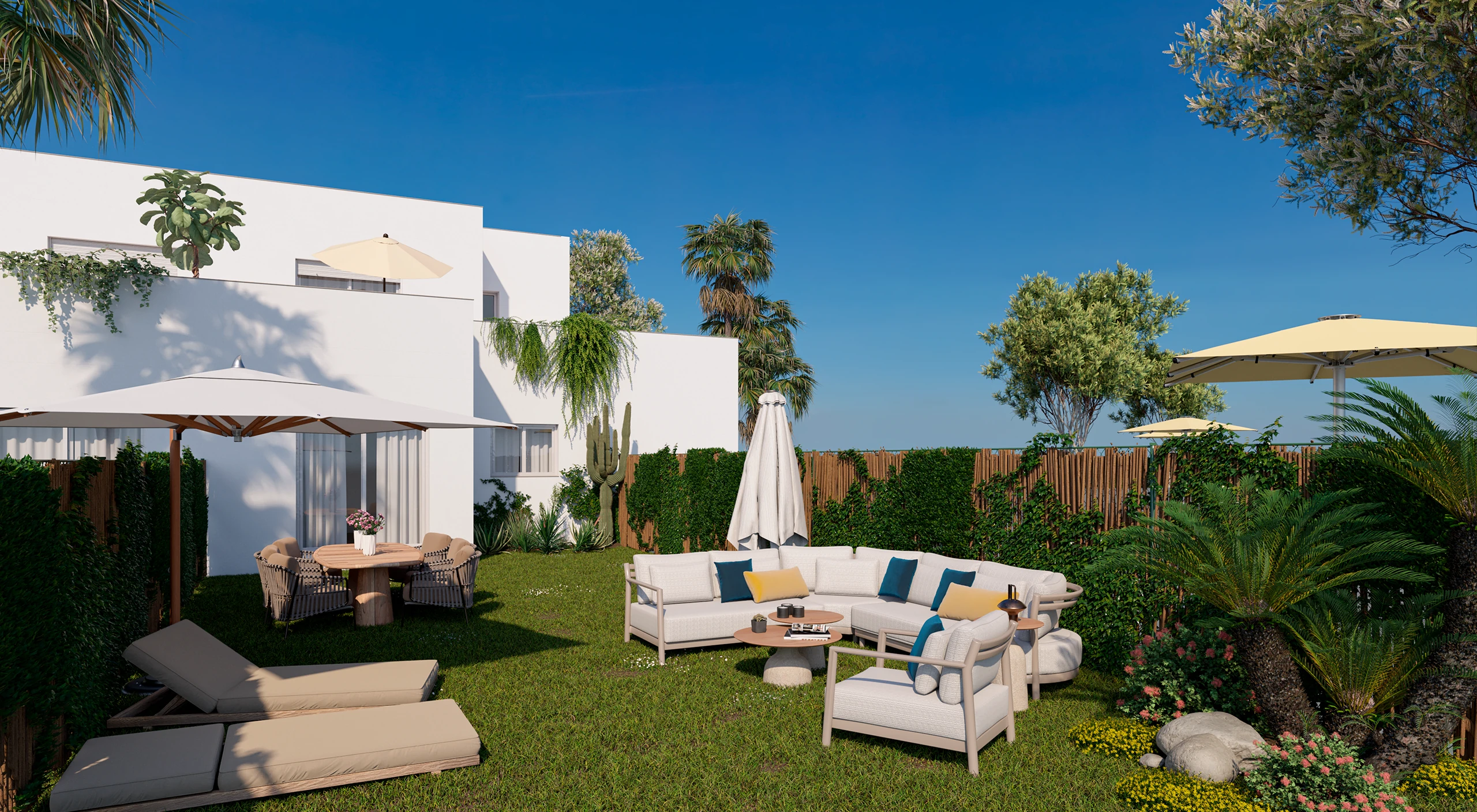Vista de vivienda y jardín privado de Residencial El Espartal